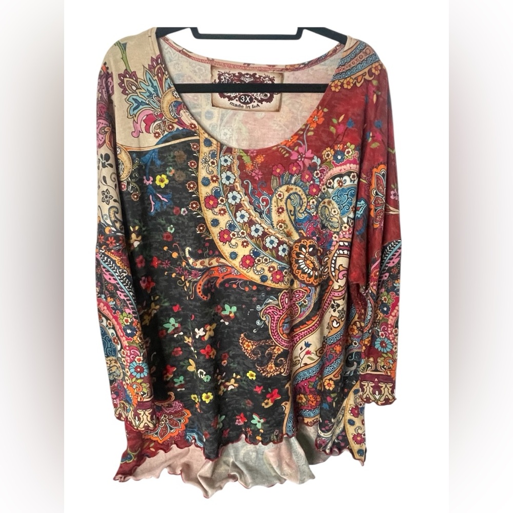 Amma Design Plus-Size Paisley Floral Tunic Multicolor Boho Dolman Sleeve Sz 3X